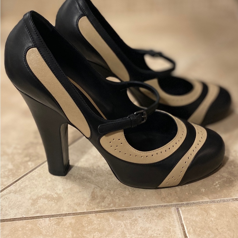 Bottega Veneta Black and Tan Stiletto Heels with Mary Jane Strap